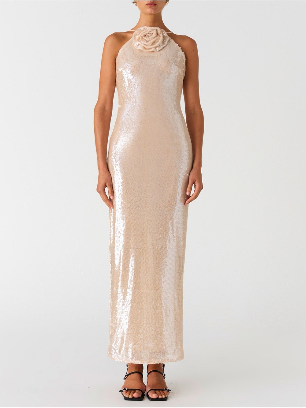 Misha Beige Sequin Halter Gown with Rosette